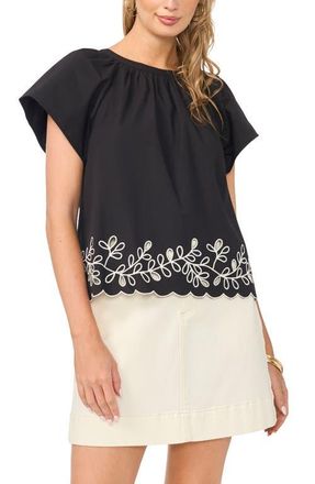Vince Camuto Embroidered Flutter Sleeve Top in Rich Black at Nordstrom, Size Xx-Small