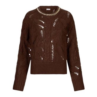 Liu Jo Trui met opengewerkt patroon en edelsteenversiering - Dames - Ronde hals truien - Bruin - XL - Wol - Truien & Vesten