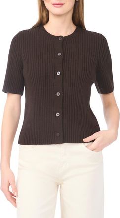 Halogen Ribbed Short Sleeve Cardigan in Chocolate at Nordstrom Rack, Size X-Small