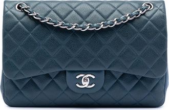 Chanel Pre-owned Womens Jumbo Classic Caviar Double Flap - Teal Leather - One Size