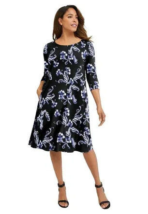 Jessica London Stretch Knit Three-Quarter Sleeve T-shirt Dress in Blue Batik Scroll at Nordstrom, Size 16