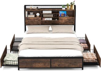 Costway Cama Doble Con Cajones 160 X 200 Cm, Estructura Cama De Metal Con Estaci&oacute;n De Carga, Cama Matrimonio No Requiere Somier, Marr&oacute;n Vintage - Costway
