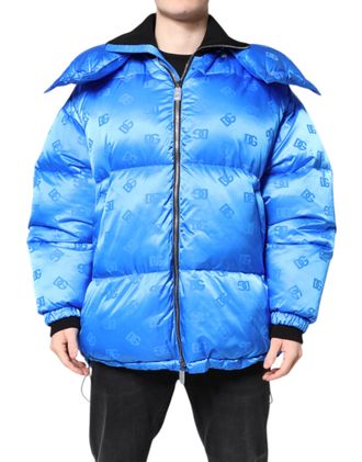 Dolce & Gabbana Mens Puffer Jacket Allover Logo Print - Sky Blue Nylon - Size EU 46 (Mens)