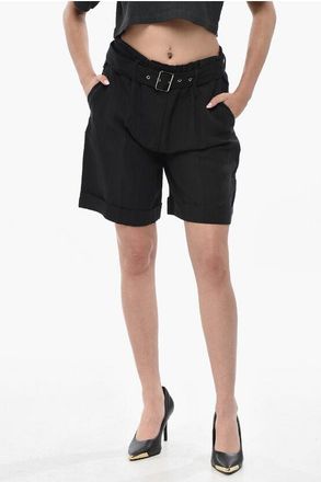 Woolrich Linen-Blend High-Waist Shorts With Double Pleats And Belt size S