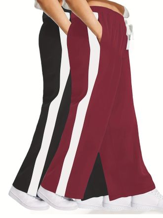 Generic Plus Size Womens Wide Leg Yoga Pants with Pockets - Loose Fit Joggers with Stripe, Drawstring High Waist Sweatpants for Gym, Lounge, Travel (UK, Alpha