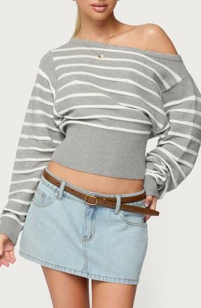 Edikted Mika Stripe Off the Shoulder Knit Crop Top in Gray-Melange at Nordstrom, Size X-Large