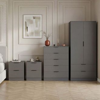 Home Discount Trega 4pc Bedroom Furniture Set - 2x 2 Drawer Bedside, 5 Drawer Chest & 2 Door Wardrobe, Grey