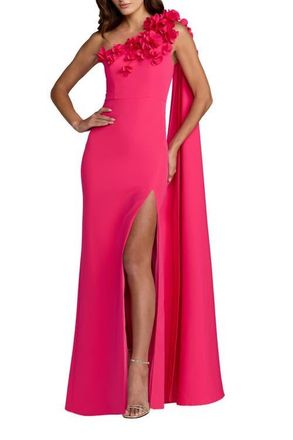 Mac Duggal Crepe One Shoulder Column Gown With Flowers in Hot Pink at Nordstrom, Size 10