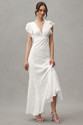 BHLDN Flutter-Sleeve V-Neck Floral Chiffon A-Line Maxi Dress