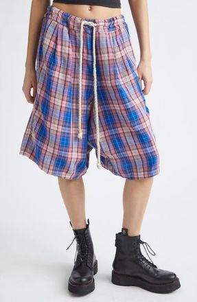 R13 Jumbo Plaid Pleated Drawstring Shorts in Blue Pink Plaid at Nordstrom, Size X-Small