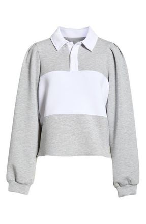 Lord & Taylor Dreamweave Colorblock Puff Sleeve Rugby Shirt in Htr Concrete/Brilliant White at Nordstrom, Size X-Large