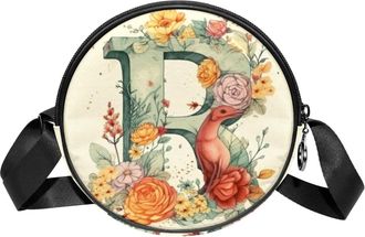 Generic Circle Crossbody Bag for Women, Floral Letters R Small Sling Bag Daypack with Zipper Adjustable Shoulder Straps Casual Ladies Girls Round Purse