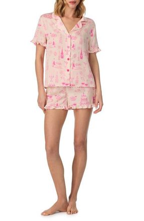 Room Service PJs Print Ruffle Trim Short Pajamas in Tan Print at Nordstrom, Size X-Large