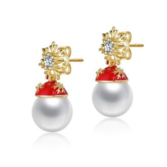 Rachel Glauber White Pearl & Clear Cubic Zirconia Snowflake and Santa Hat Drop Earrings