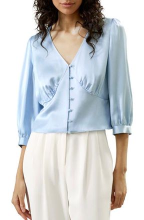 LilySilk X SONIA Fitted Retro Corset Silk Top in Blue at Nordstrom, Size 12