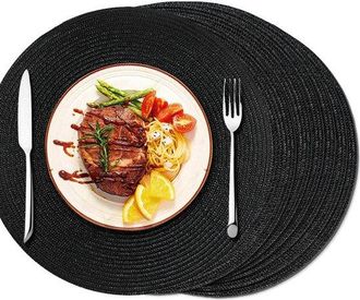OEM Juego De 6 Manteles Individuales, Posavasos, Di&aacute;metro 38 Cm, Redondos, Resistentes Al Calor, Aspecto Lujoso, Antideslizantes, Tejido, Negro