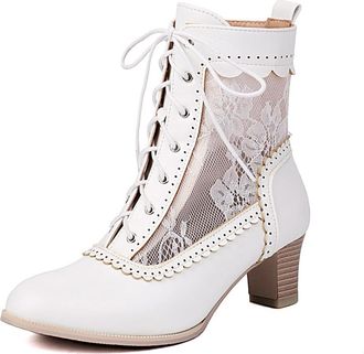 Generic Womens Fashion Netted Ankle Boots with Pointed Toe and Chunky Mid Heel for Stylish Occasions Block Heels for Women Womens Shoes Size 5 Orange Wedding 