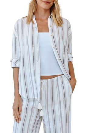 Bella Dahl Stripe Oversize Linen Blend Button-Up Shirt in Rosewood Stripe at Nordstrom, Size X-Large