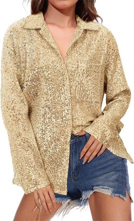 Generic Sparkly Tops For Women Long Sleeve Tops Women Lightweight Summer Tops Linen Tops For Women V Neck Jumper Sequin Tops Going Out Tops With Pocket T-Shir