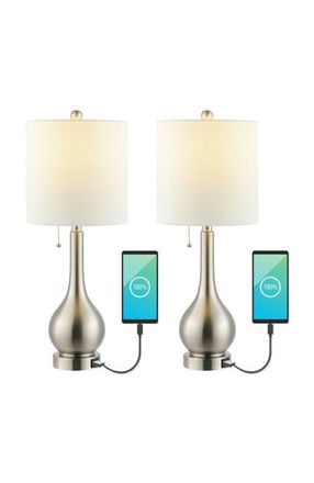 Jonathan Y Designs Tyler 24 Modern Classic Gourd Iron LED Table Lamp with Pull-Chain with Dual USB Charging Port in Nickel at Nordstrom