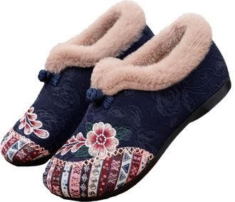Generic Womens Warm Floral Embroidered Winter Shoes,Warms Fur Lined Floral Embroidereds Ankle Bootie,Womens Winter Ankle Boots Embroidered Shoes,Women Warm Wi