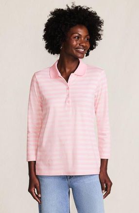 Lands End 3/4 Sleeve Supima Cotton Polo Shirt in Sea Salt Pink Even Stripe at Nordstrom, Size Medium