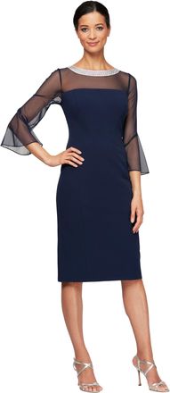Alex Evenings Womens Short Shift Cocktail Dress with Embellished Illusion Detail, Wedding Guest (Petite and Regular Sizes), Navy, 18