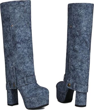 Generic Womens Fashion Patchwork Fold Over Knee High Riding Boots Round Toe Platform Chunky Heels Pull On Winter Shoes (Blue,5.5)