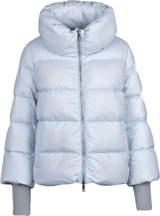 Add Short Light Blue Down Jacket with Quilted Design and High Collar