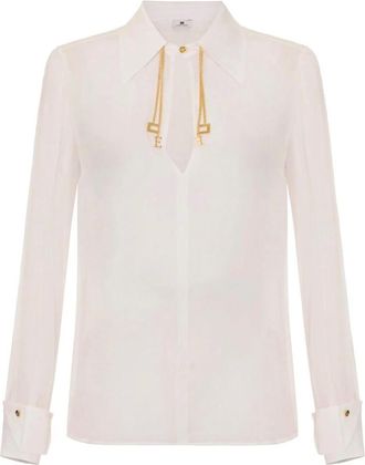 Elisabetta Franchi Overhemden, Dames, Beige, XS, Blouse in georgette stof met juweeldetail