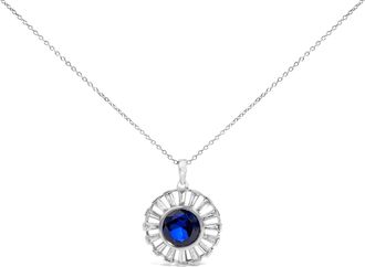 House of Brilliance Sterling Silver Created Blue Sapphire and Diamond Medallion Pendant Necklace