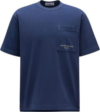 Stone Island Navy Crew Neck T-Shirt met bedrukte strepen - Heren - T-shirts - Blauw - S - Katoen - Tops