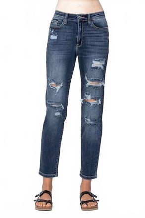 Judy Blue Hi-Waist Boyfriend Destroyed Hem Jeans In Dark Wash