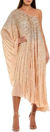 Mac Duggal One Shoulder Ombre Sequin Kaftan Dress in Champagne Gold at Nordstrom, Size Medium