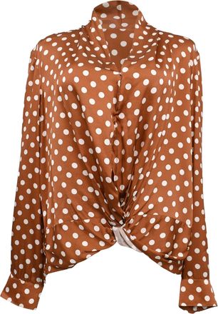 Caroline Constas Polka Dot Twist Front Blouse in Brown Silk