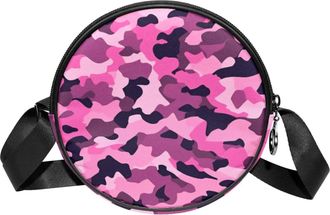 Generic Circle Crossbody Bag for Women, Pink Camouflage Small Sling Bag Daypack with Zipper Adjustable Shoulder Straps Casual Ladies Girls Round Purse