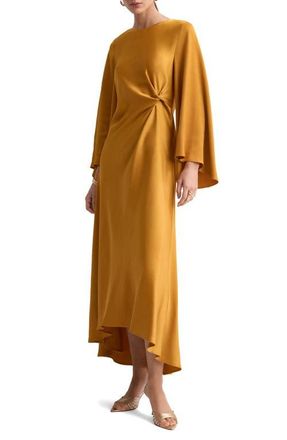 Mango Twist Flutter Sleeve Satin Dress in Ochre at Nordstrom, Size 4