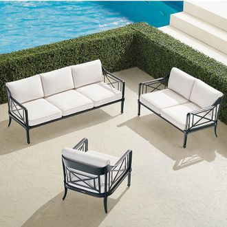 Frontgate Mercier 3-pc. Sofa Set in Onyx Aluminum - Standard, Boucle Snow with Logic Bone Piping - Frontgate