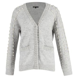Maje Pearl-Embellished Cardigan with Pockets in Grey Acrylic