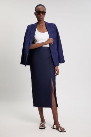 Karen Millen Womens Petite Tailored Satin Midi Pencil Skirt - Navy - Size 16 UK