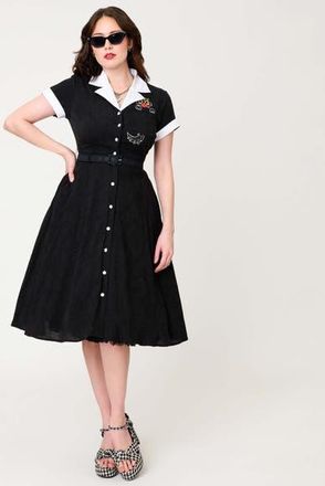 Unique Vintage Collared Short Sleeved Belted Alexis Swing Dress in Black W/Cat Embroidered at Nordstrom, Size X-Small