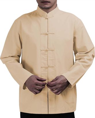 Generic Vintage Collar Cotton Long Sleeved T Shirt Mens Tang Dynasty Plate Buckle Casual Mens Breathable Shirt Dress Shirt (Khaki, XXXXL)