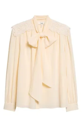 Chlo&eacute; Pussybow Silk Cr&ecirc;pe de Chine Shirt in Pristine White at Nordstrom, Size 14 Us