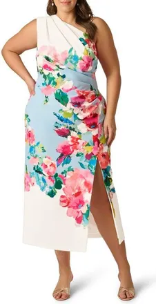 Adrianna Papell Print One-Shoulder Gown in Blue Multi at Nordstrom, Size 16W