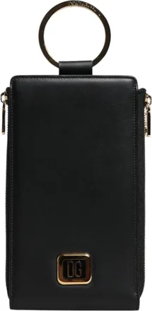 Dolce & Gabbana Womens Black Leather Logo Plaque Neck Strap Card Coin Wallet