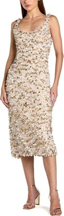 Mac Duggal Sleeveless Mesh Paillette Beaded Fitted Midi Dress in Oyster at Nordstrom, Size 12