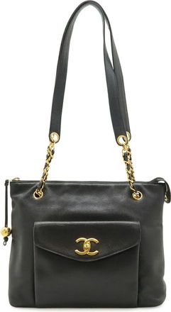 Chanel Black Grained Calfskin Shoulder Bag Tote Bag (Pre-Owned)