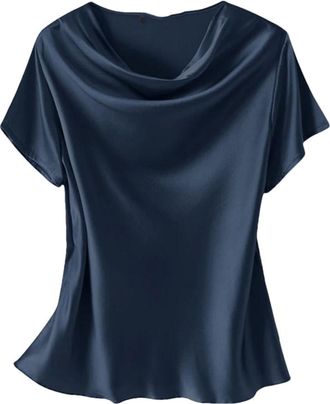 Generic Women Crew Neck Short Sleeve Solid Color Satin Shirt Female Casual Work Tunic Tops Navy XXXL