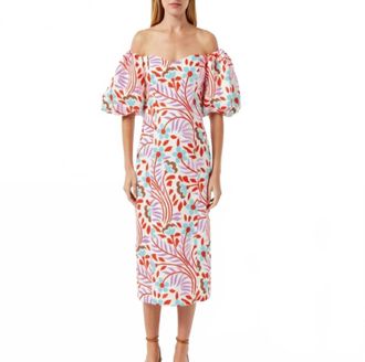 Rhode Resort Karima Off The Shoulder Linen Midi Dress In Lago Vine Print