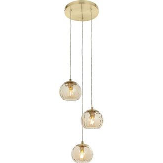 Loops Satin Brass 3 Light Ceiling Pendant Fitting & Campagne Dimpled Glass Shades in Clear